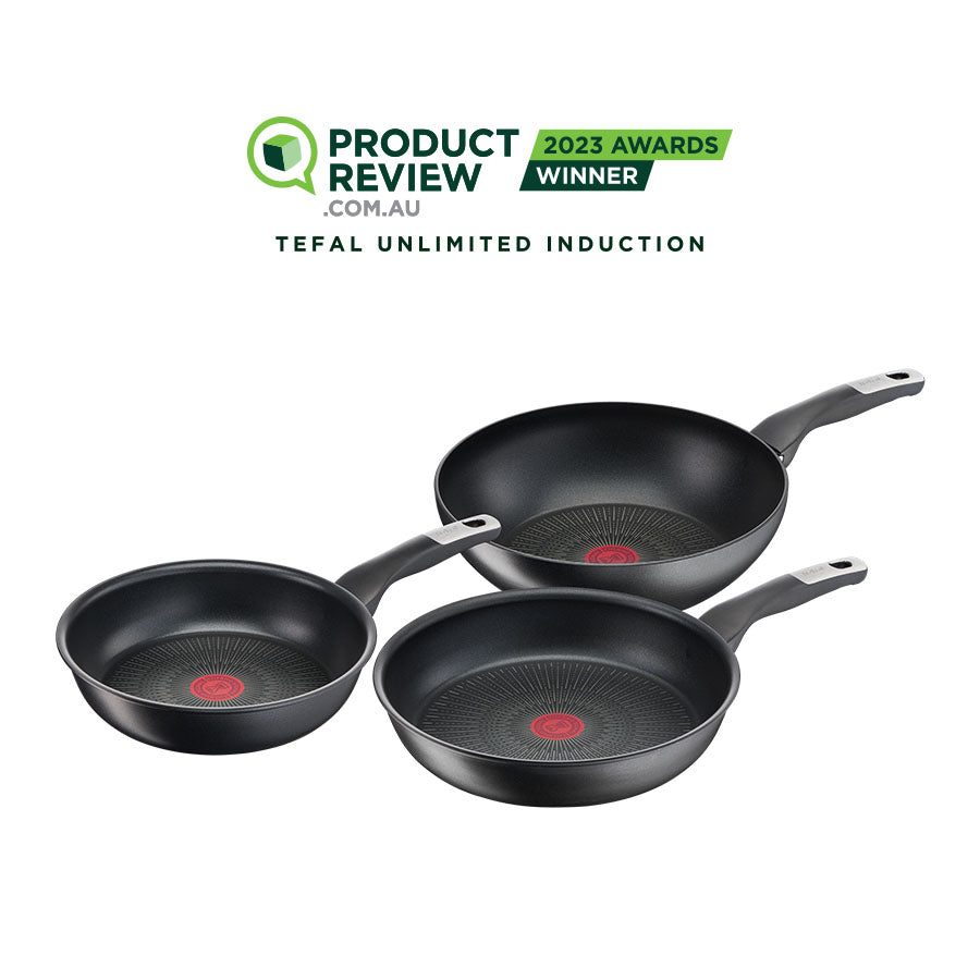 User Manual and FAQs for Tefal Unlimited Non-Stick Induction Triple Pack Cookware Set - Frypan 24cm, Frypan 28cm, Wok 28cm