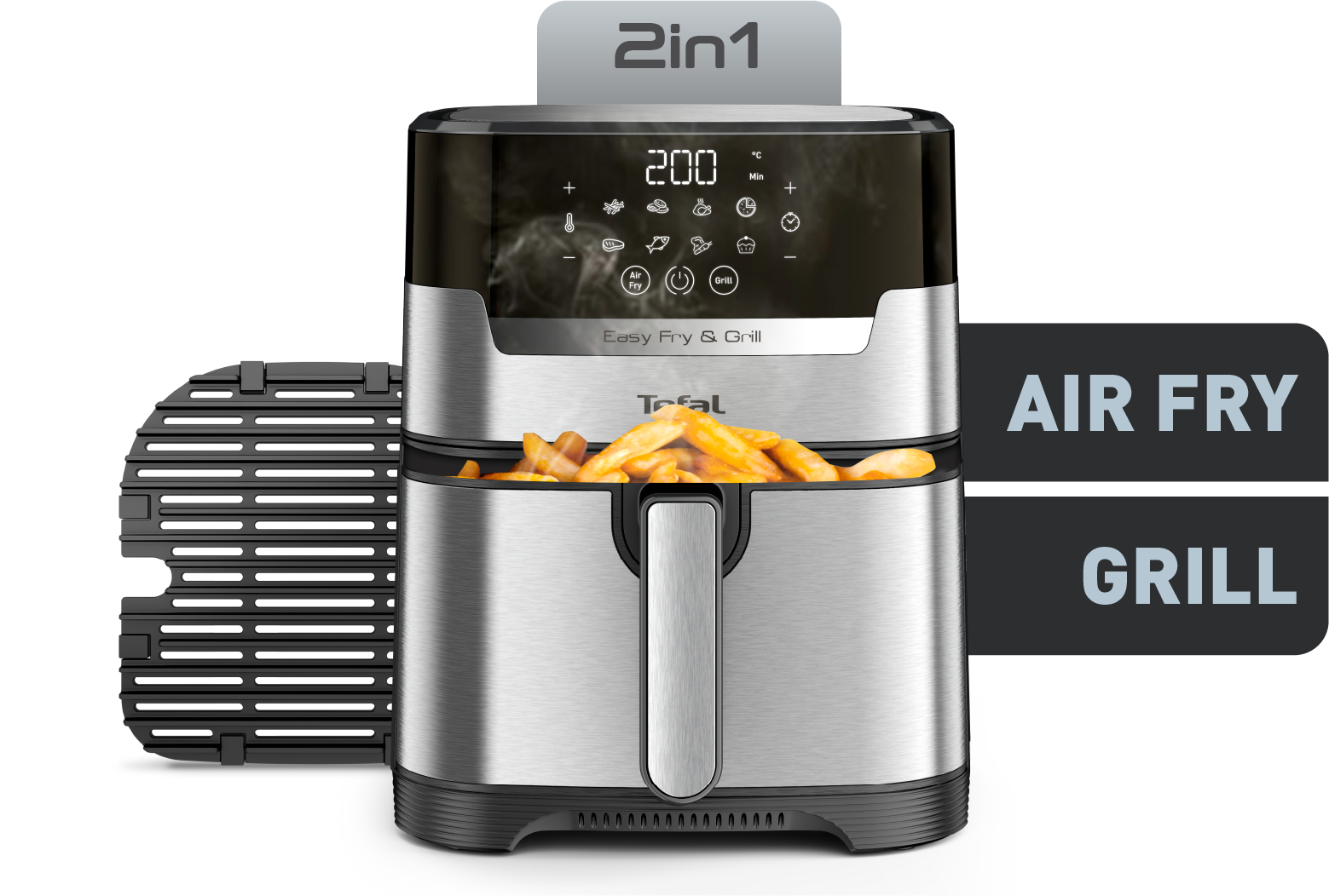 User Manual and FAQs for Tefal Easy Fry and Grill Deluxe 2-in-1 Air Fryer and Grill EY505D